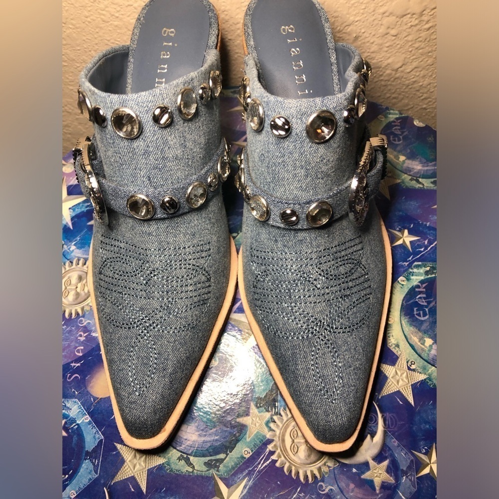 Embellished Denim Wedge Mules size 6.5 - Picture 5 of 15